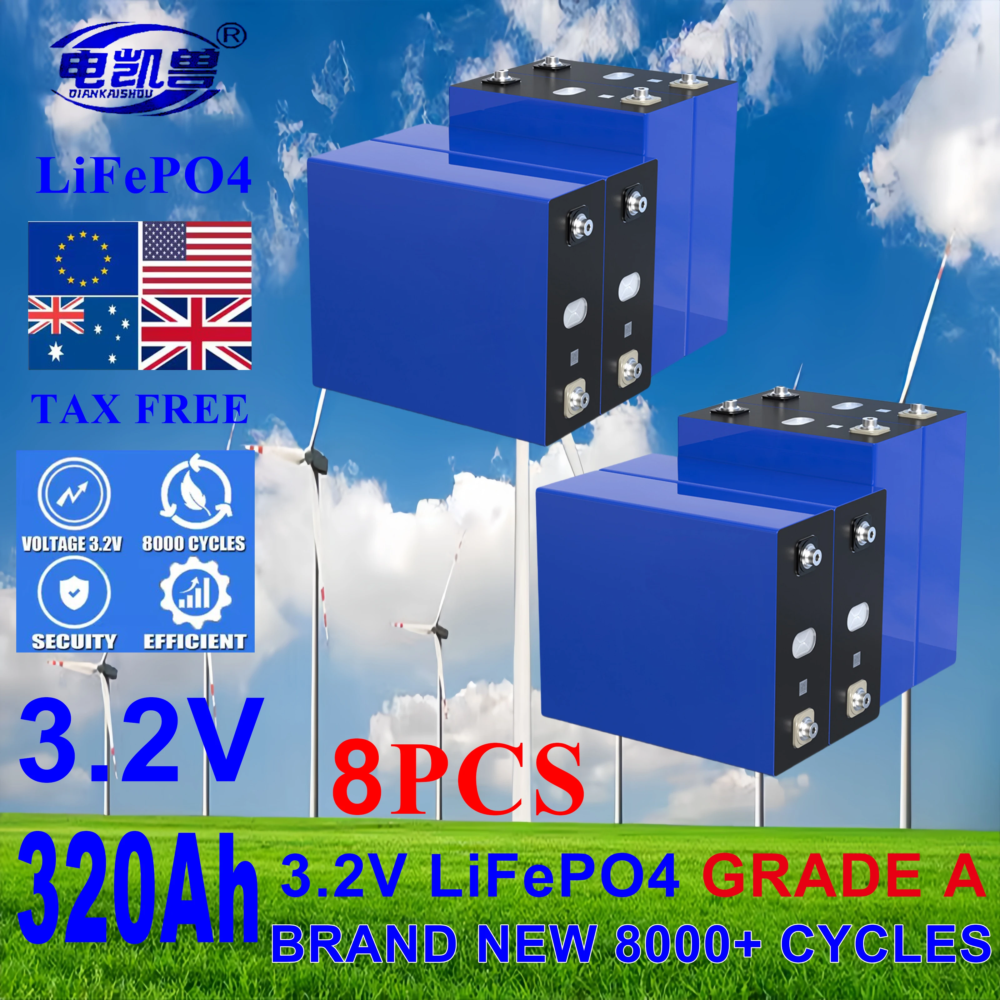 8pcs batteries lifepo4 320ah 3.2v 8000 Cycles Grade A Lithium Iron Phosphate Rechargeable Cell DIY 12V 24V RV EV Golf Cart Solar
8pcs batteries lifepo4 320ah 3.2v 8000 Cycles Grade A Lithium Iron Phosphate Rechargeable Cell DIY 12V 24V RV EV Golf Cart Solar
