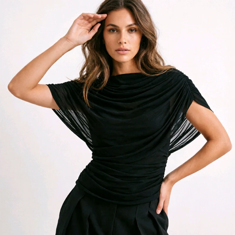 New Pleated Folds Scarf Collar Blouse Fashion Women Slim Fit Summer Short Sleeve Shirts Sexy Hot Girl Elegant Solid Color Top
New Pleated Folds Scarf Collar Blouse Fashion Women Slim Fit Summer Short Sleeve Shirts Sexy Hot Girl Elegant Solid Color Top