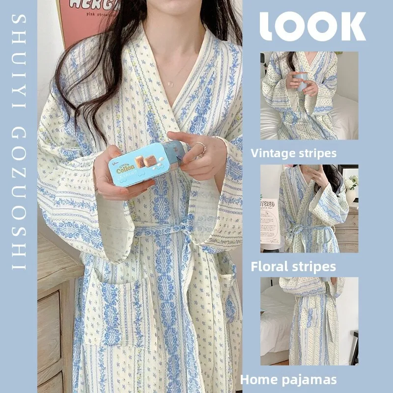 Fresh and Vintage Striped Robe, Nightgown, And Pajamas for Women, Long-Sleeve Bathrobe and Loungewear for Spring and Autumn
Fresh and Vintage Striped Robe, Nightgown, And Pajamas for Women, Long-Sleeve Bathrobe and Loungewear for Spring and Autumn