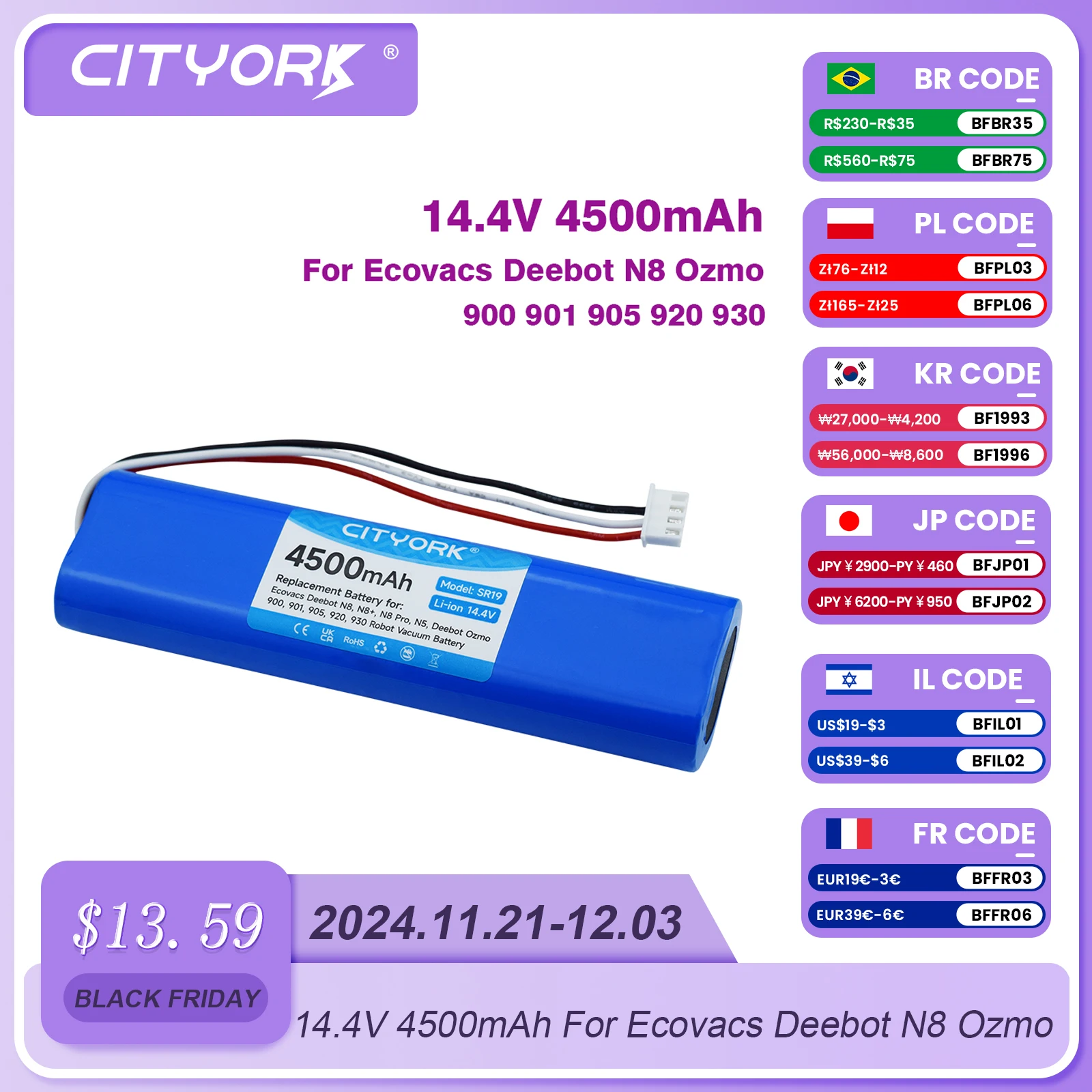 CITYORK 14.4V 4500mAh For Ecovacs Deebot N8 Ozmo 900 901 905 920 930 robot Vacuum Cleaner Sweeper Replacement Li-ion battery
CITYORK 14.4V 4500mAh For Ecovacs Deebot N8 Ozmo 900 901 905 920 930 robot Vacuum Cleaner Sweeper Replacement Li-ion battery
