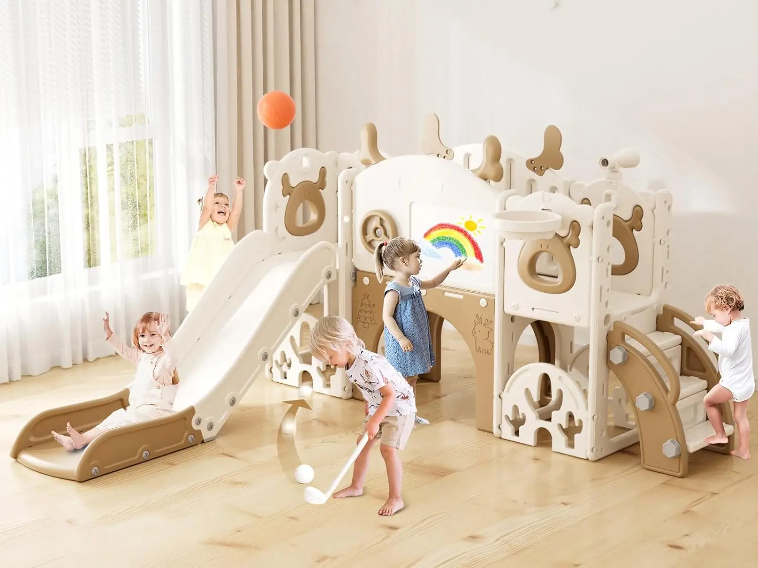 13-in-1 Toddler Slide with Golf Set, Basketball Hoop, Drawing Board, Indoor Outdoor Playset, Brown
13-in-1 Toddler Slide with Golf Set, Basketball Hoop, Drawing Board, Indoor Outdoor Playset, Brown