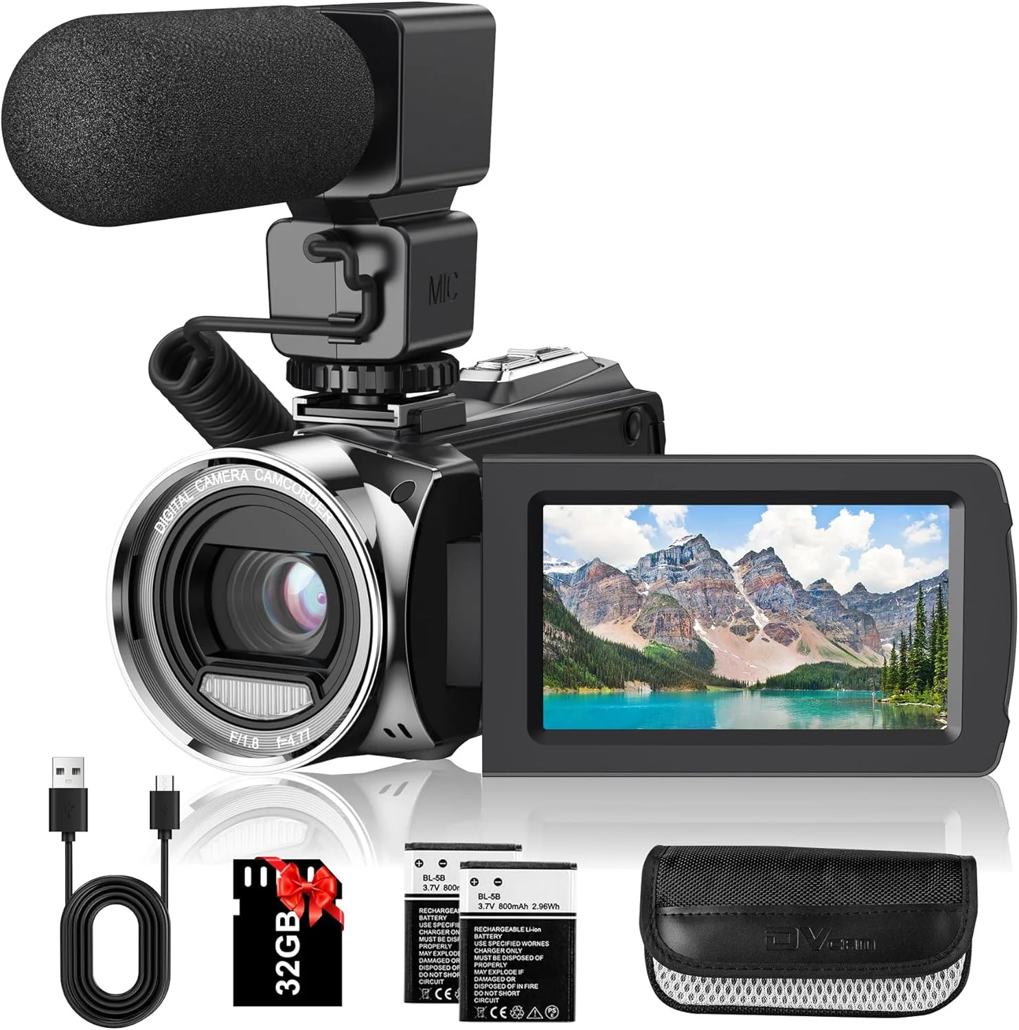 FHD 1080P Camcorder with Flip Screen, 18X Zoom, Microphone, 32GB Card & Batteries for Vlogging
FHD 1080P Camcorder with Flip Screen, 18X Zoom, Microphone, 32GB Card & Batteries for Vlogging