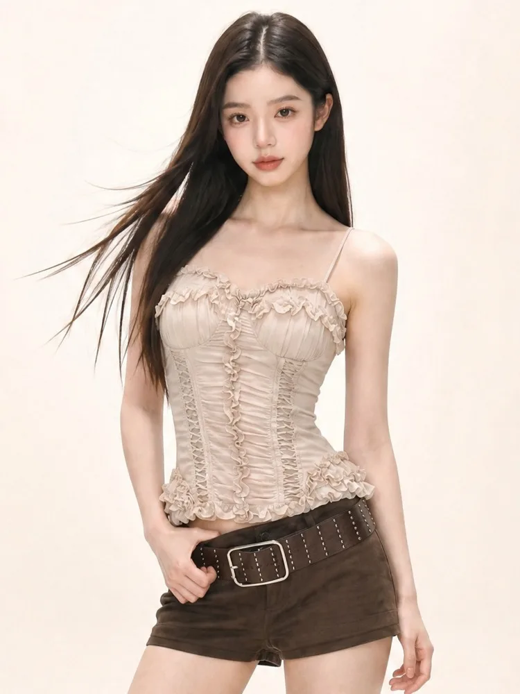 Spicy Girl Style Lace Patchwork Pleated Strap Vest Women Summer with Chest Pad Flower Waist in Tie Bra Short Top
Spicy Girl Style Lace Patchwork Pleated Strap Vest Women Summer with Chest Pad Flower Waist in Tie Bra Short Top
