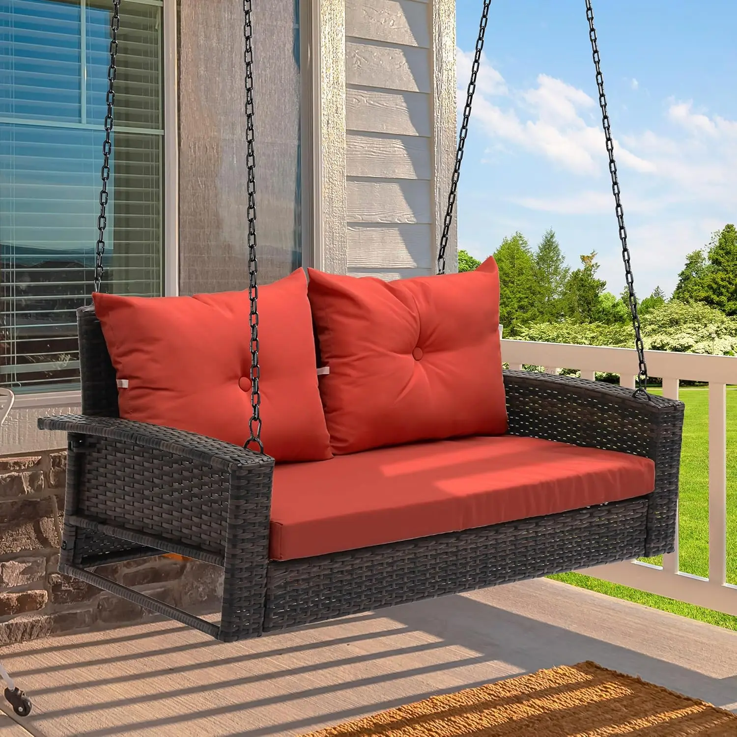 Wicker Hanging Porch Swing Chair Outdoor Brown Rattan Patio Swing Lounge w/ 2 Back Cushions Capacity 530lbs for Garden, Balcony,
Wicker Hanging Porch Swing Chair Outdoor Brown Rattan Patio Swing Lounge w/ 2 Back Cushions Capacity 530lbs for Garden, Balcony,