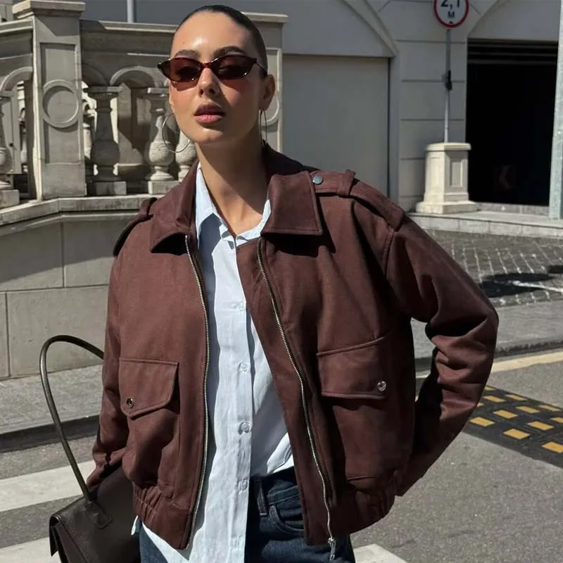 YENKYE осенняя куртка из искусственной замши для женщин, воротник с лацканами и карманами, верхняя одежда, уличная одежда, короткое пальто 
YENKYE осенняя куртка из искусственной замши для женщин, воротник с лацканами и карманами, верхняя одежда, уличная одежда, короткое пальто