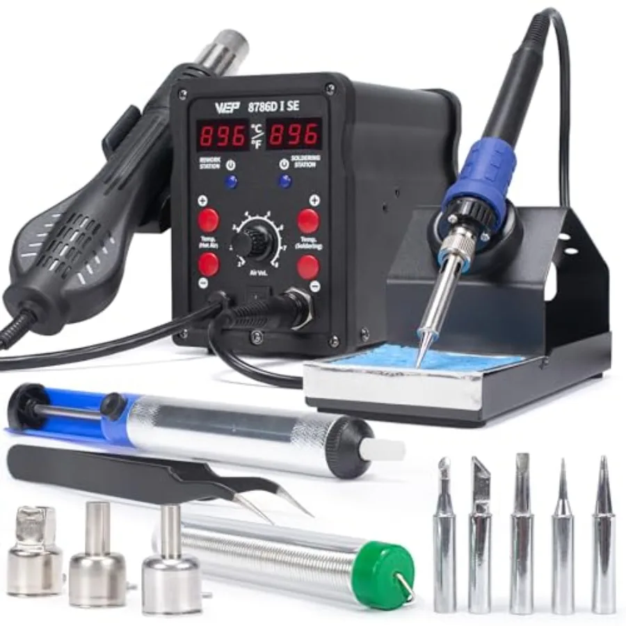8786D-I SE Hot Air Soldering Iron Station Kit 2-IN-1 for Rework, Desoldering with Lead-Free Solder Wire, 5 Soldering Tips, 3 Ho
8786D-I SE Hot Air Soldering Iron Station Kit 2-IN-1 for Rework, Desoldering with Lead-Free Solder Wire, 5 Soldering Tips, 3 Ho