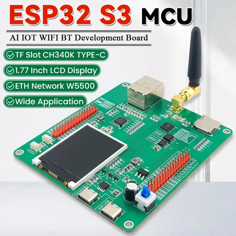 ESP32 S3 Development Board with 1.77 Inch LCD Display BT 2.5dbi WiFi Module Type-C AI Internet of Things W5500 ETH N16R8 CH340K
ESP32 S3 Development Board with 1.77 Inch LCD Display BT 2.5dbi WiFi Module Type-C AI Internet of Things W5500 ETH N16R8 CH340K