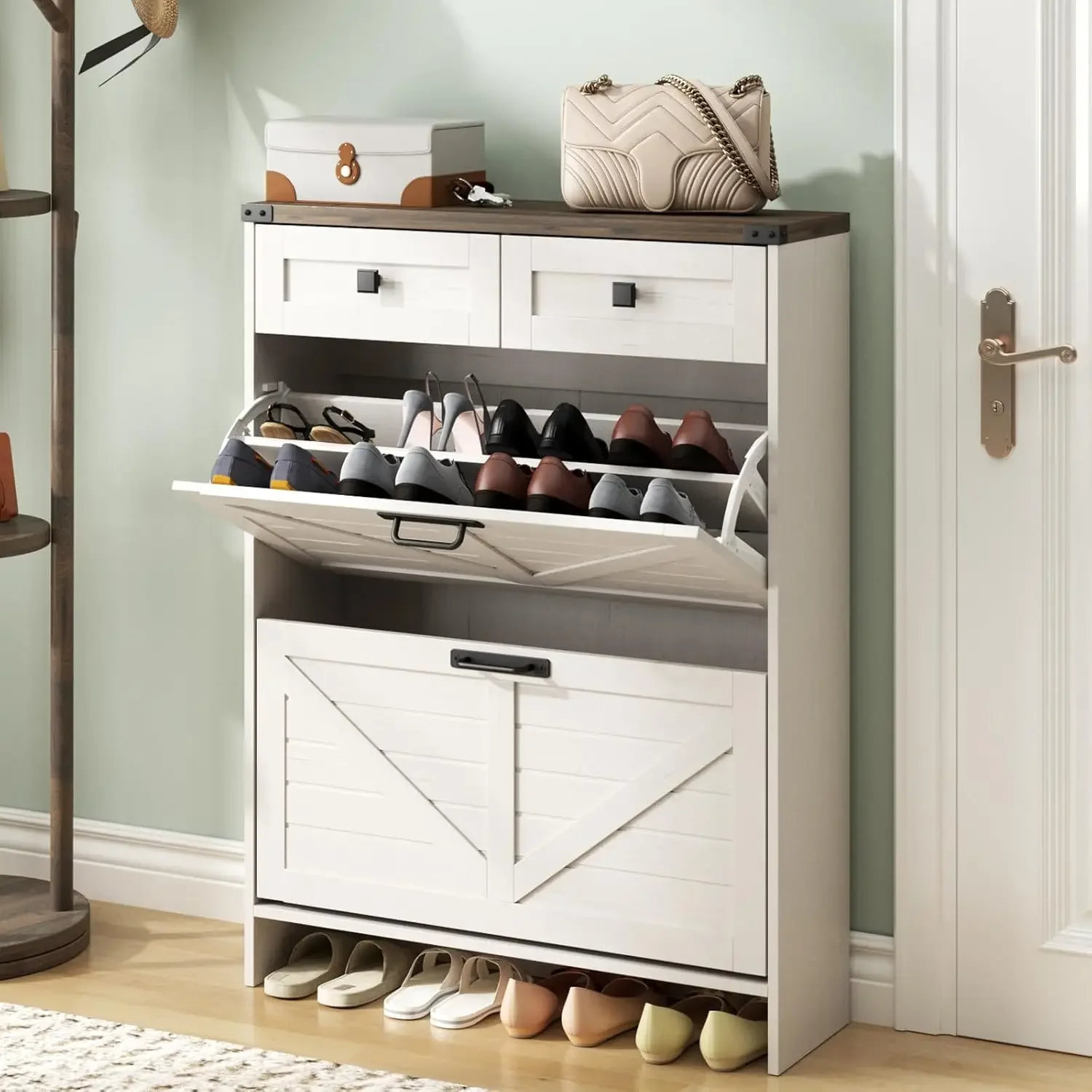 Shoe Cabinet with 2 Flip Drawers & 2 Drawers,Farmhouse Shoe Storage Cabinet for Entryway,Slim Freestanding Narrow Organizer Rack
Shoe Cabinet with 2 Flip Drawers & 2 Drawers,Farmhouse Shoe Storage Cabinet for Entryway,Slim Freestanding Narrow Organizer Rack