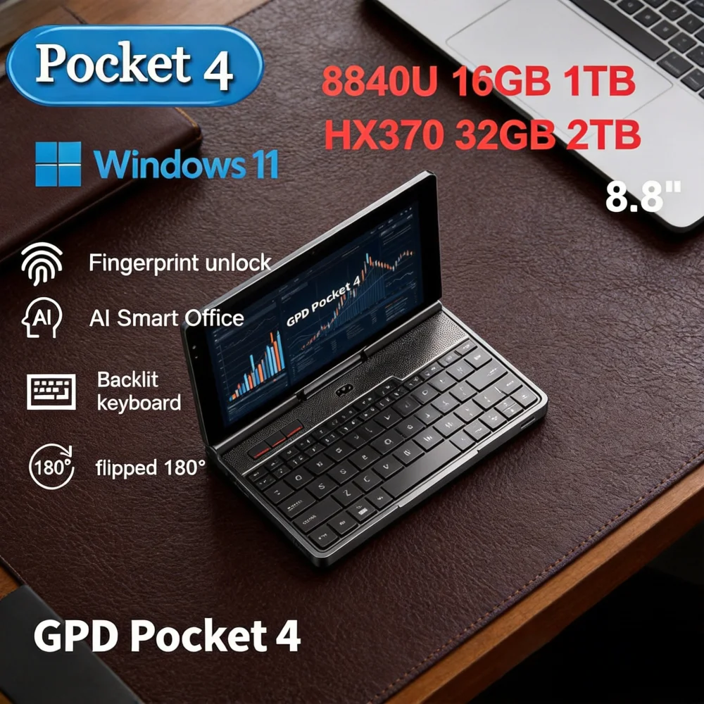 GPD Pocket 4 Ultra Slim Mini Laptop 8.8-inch AMD AI 9 HX 370 64GB RAM Windows 11 2TB for Business Travel
GPD Pocket 4 Ultra Slim Mini Laptop 8.8-inch AMD AI 9 HX 370 64GB RAM Windows 11 2TB for Business Travel