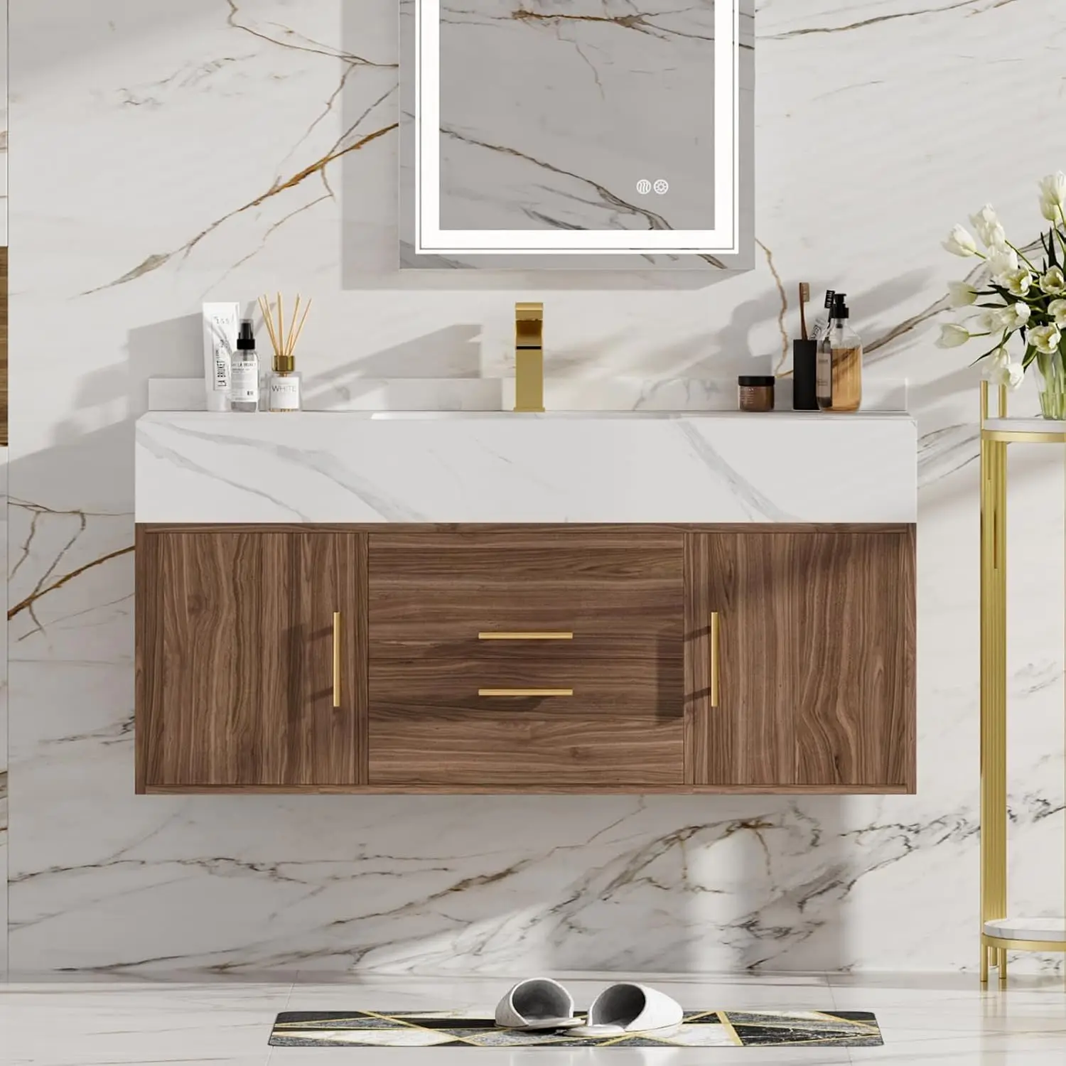 39.4" Floating Bathroom Vanity with Sintered Stone Top Ceramic Sink 2 Drawers 2 Cabinets Walnut, Customized
39.4" Floating Bathroom Vanity with Sintered Stone Top Ceramic Sink 2 Drawers 2 Cabinets Walnut, Customized