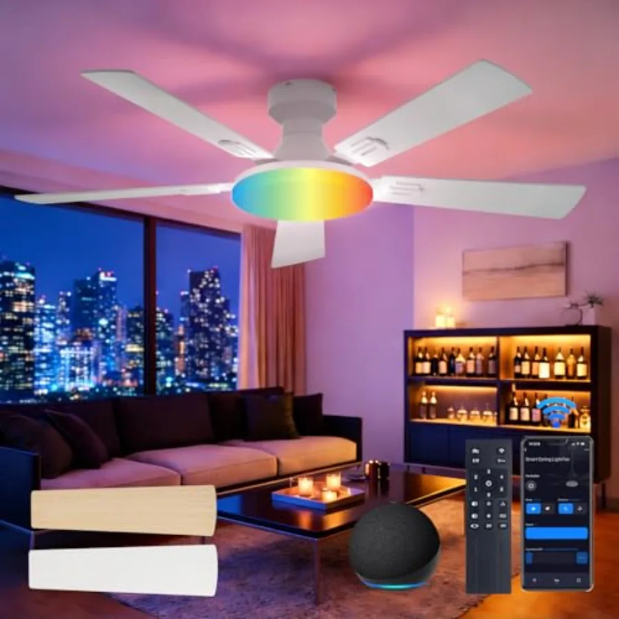 Ceiling Fans with Lights, 52'' Smart RGB Ceiling Fan for Bedroom and Living Room, White, Flush Mount, Reversible DC Motor, 5 Bl
Ceiling Fans with Lights, 52'' Smart RGB Ceiling Fan for Bedroom and Living Room, White, Flush Mount, Reversible DC Motor, 5 Bl