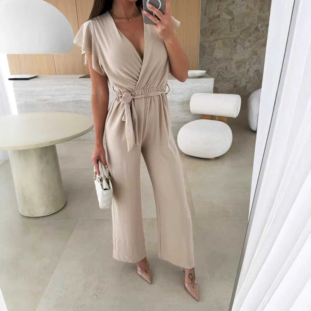 Spring Summer V-neck Jumpsuit Women's Fashionable Lotus Leaf Sleeves Tied Women Rompers Elegant Office Ladies Trousers Jumpsuits
Spring Summer V-neck Jumpsuit Women's Fashionable Lotus Leaf Sleeves Tied Women Rompers Elegant Office Ladies Trousers Jumpsuits