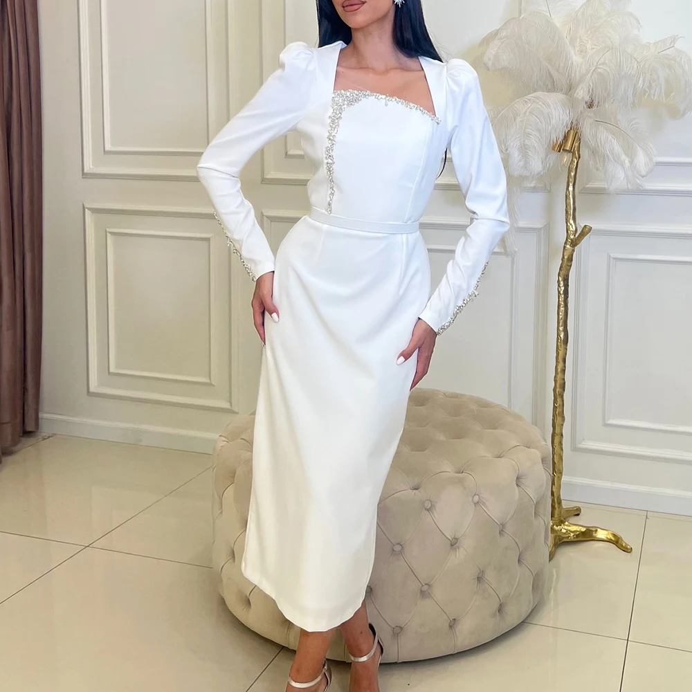 Customized Modern Tea Length Crystal Pleats Party Gowns Graceful Straight Square Neck Long Sleeves White Jersey Evenin
Customized Modern Tea Length Crystal Pleats Party Gowns Graceful Straight Square Neck Long Sleeves White Jersey Evenin