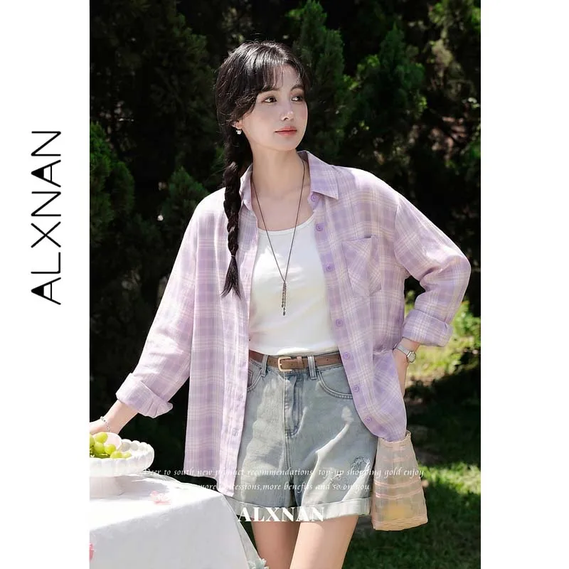ALXNAN Women Purple Plaid Sheer Sun Protection Shirt Summer Lapel Collar Pocket Long Sleeve Loose Casual Blouse Cover Up L66966A
ALXNAN Women Purple Plaid Sheer Sun Protection Shirt Summer Lapel Collar Pocket Long Sleeve Loose Casual Blouse Cover Up L66966A