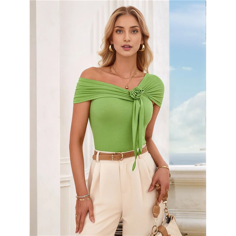 CGS-топы с открытыми плечами для женщин, рубашки с короткими рукавами и 3D цветочным галстуком спереди, облегающие сексуальные блузки, рубашки, однотонный топ 
CGS-топы с открытыми плечами для женщин, рубашки с короткими рукавами и 3D цветочным галстуком спереди, облегающие сексуальные блузки, рубашки, однотонный топ