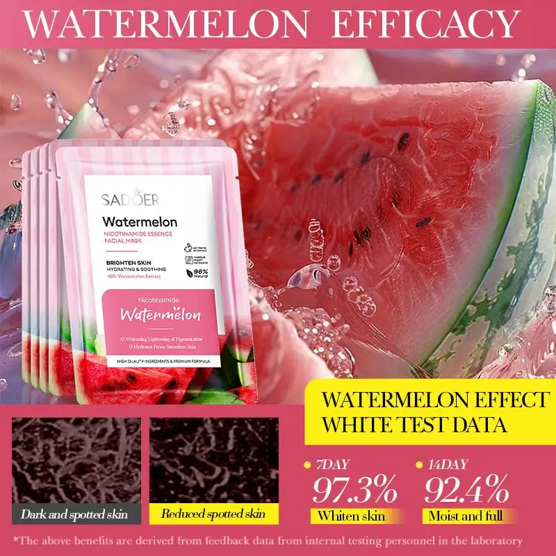 10pcs SADOER Watermelon Niacinamide Essence Mask Hydrating Mask Whitening & Brightening Mask Facial Care Products For Women
10pcs SADOER Watermelon Niacinamide Essence Mask Hydrating Mask Whitening & Brightening Mask Facial Care Products For Women