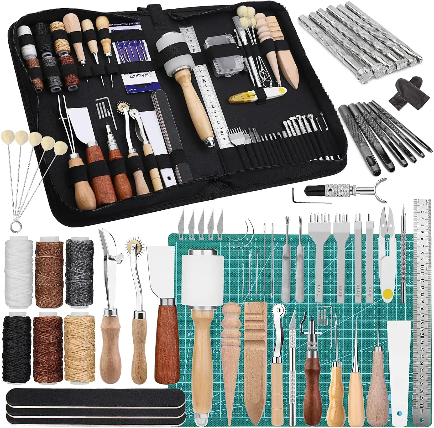 60 Pcs Leather Craft Tools Kit with Storage Bag, Cutting Mat, Prong Punch, Groover, Edge Creaser, Stamping, Carving Knife, Awl, Hammer for DIY Sewing
60 Pcs Leather Craft Tools Kit with Storage Bag, Cutting Mat, Prong Punch, Groover, Edge Creaser, Stamping, Carving Knife, Awl, Hammer for DIY Sewing