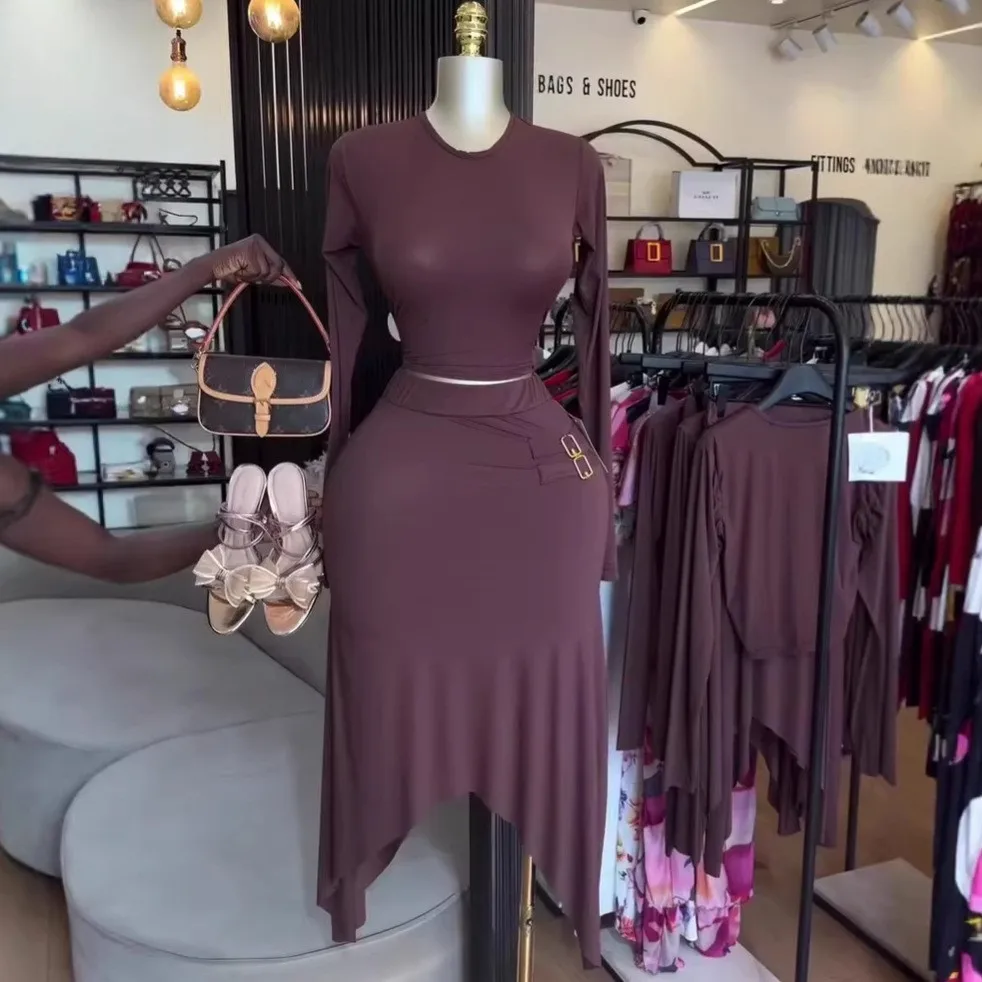 Elegant Women Dress Long Sleeve Solid Color Dresses Asymmetrical Hem Midi Skirt Set High Waist Gold Buckle Two Piece Dress
Elegant Women Dress Long Sleeve Solid Color Dresses Asymmetrical Hem Midi Skirt Set High Waist Gold Buckle Two Piece Dress
