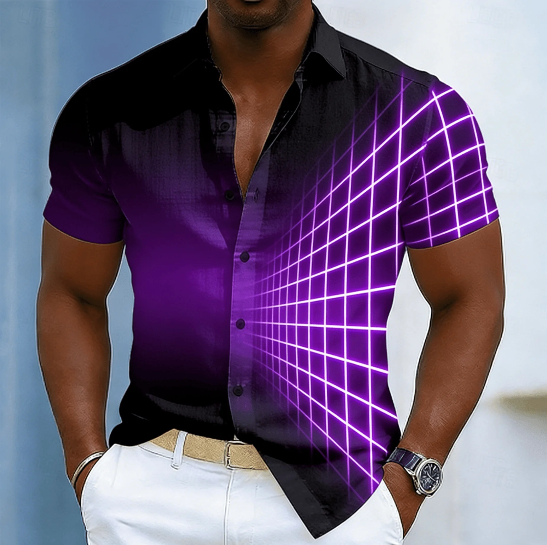Men's Cyberpunk Gradient Neon Grid Print Short Sleeve Shirt, Spring Summer Edgy Casual Party Blouse, Loose Casual Top
Men's Cyberpunk Gradient Neon Grid Print Short Sleeve Shirt, Spring Summer Edgy Casual Party Blouse, Loose Casual Top