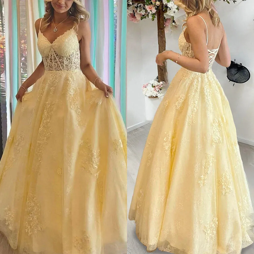 High Quality Customized V-neck Floor Length Yellow Appliques Thin Suspenders Backless Back Strap Sleeveless Lace Robe De Soirée
High Quality Customized V-neck Floor Length Yellow Appliques Thin Suspenders Backless Back Strap Sleeveless Lace Robe De Soirée