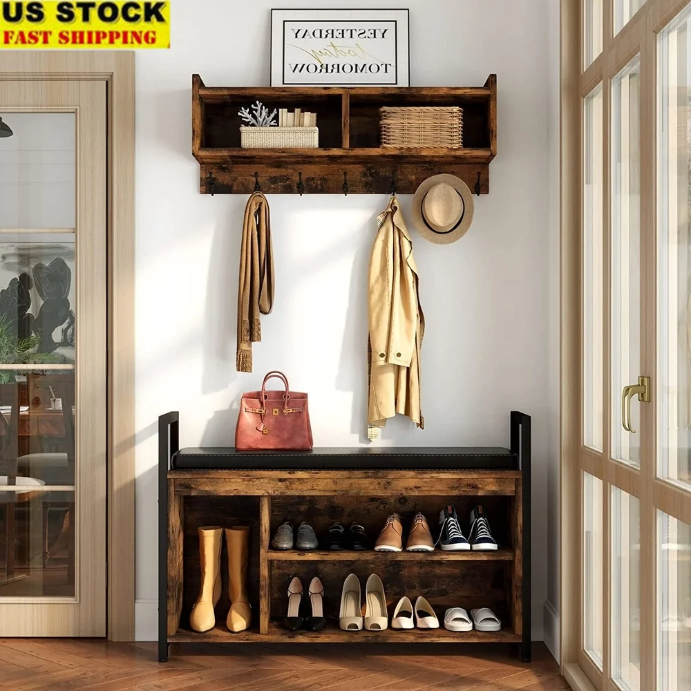 Industrial Entryway Hall Tree Coat Rack Shoe Bench Storage Shelves Hooks Cubbies Padded Seat Rustic Home Organization Furniture
Industrial Entryway Hall Tree Coat Rack Shoe Bench Storage Shelves Hooks Cubbies Padded Seat Rustic Home Organization Furniture