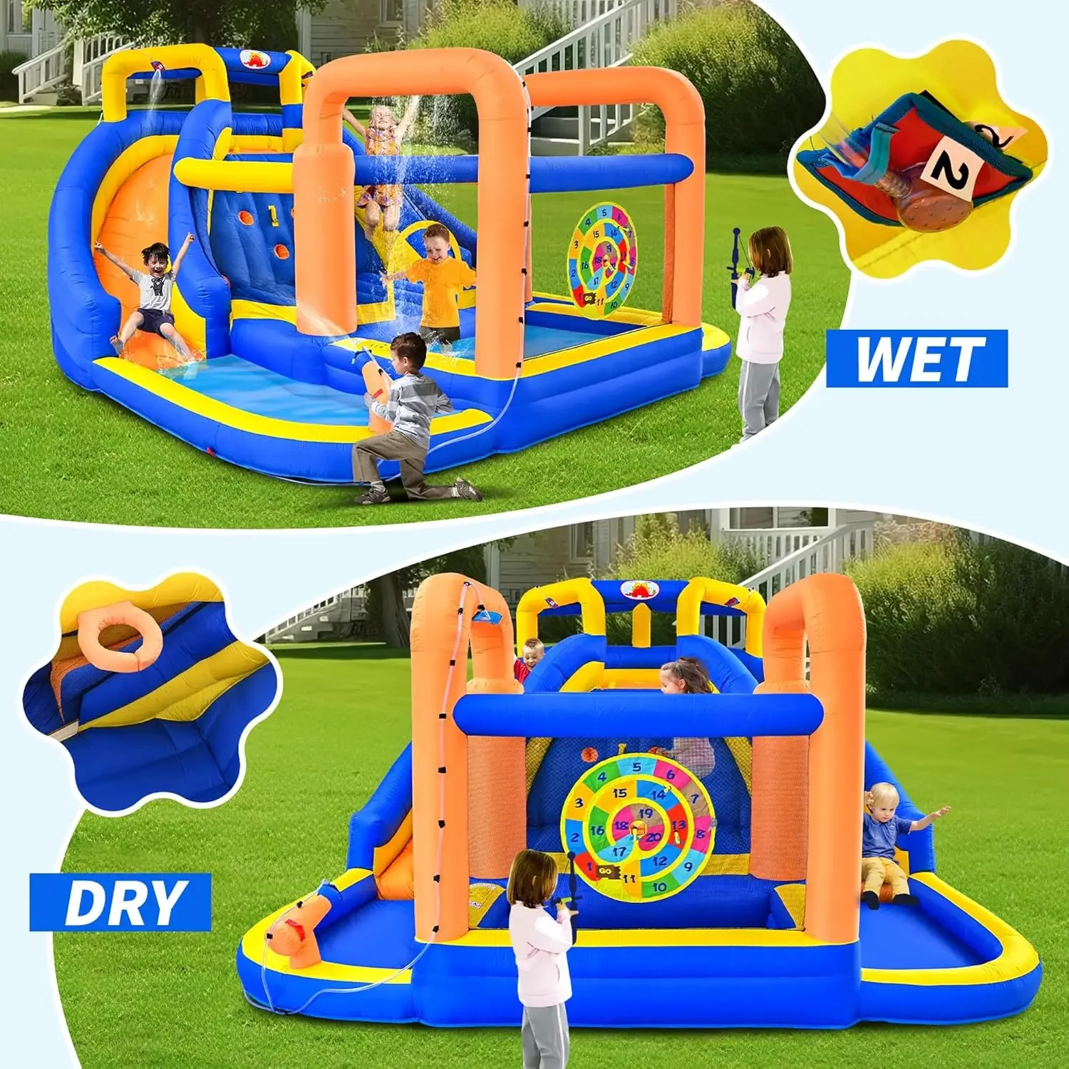 Inflatable Double Jumping Castle with Blower, 171 x 160 x 90 inches Bounce House with Climbing Wall, Archery Dartboard Game and
Inflatable Double Jumping Castle with Blower, 171 x 160 x 90 inches Bounce House with Climbing Wall, Archery Dartboard Game and