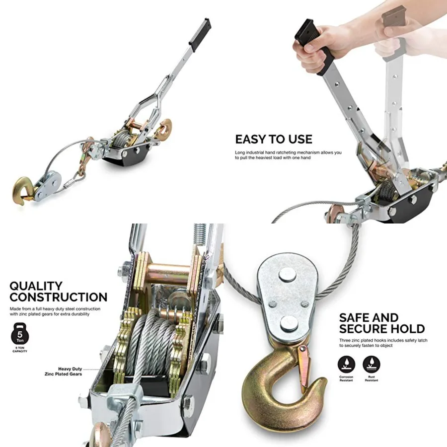 5-Ton (10,000 Lbs) Pulling Capacity, 10Ft, 3 Hook, Heavy Duty Power Cable Come Along Tool with Dual Gears, Hand Winch Cable, Automotive Hoist Winch Puller, Recovery Gear
5-Ton (10,000 Lbs) Pulling Capacity, 10Ft, 3 Hook, Heavy Duty Power Cable Come Along Tool with Dual Gears, Hand Winch Cable, Automotive Hoist Winch Puller, Recovery Gear