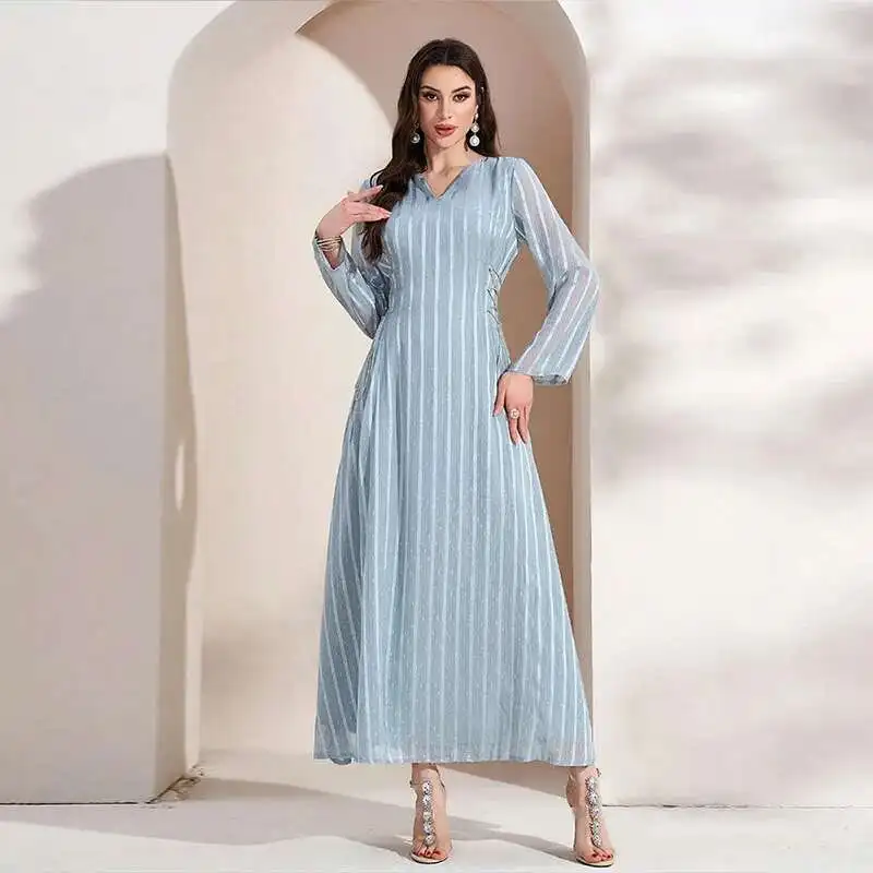 Ky1394 Women's Elegant and Fashionable Banquet Dress Long Sleeved V-neck Striped Long Dress Ramadan Dubai Luxury Islam Elegant
Ky1394 Women's Elegant and Fashionable Banquet Dress Long Sleeved V-neck Striped Long Dress Ramadan Dubai Luxury Islam Elegant