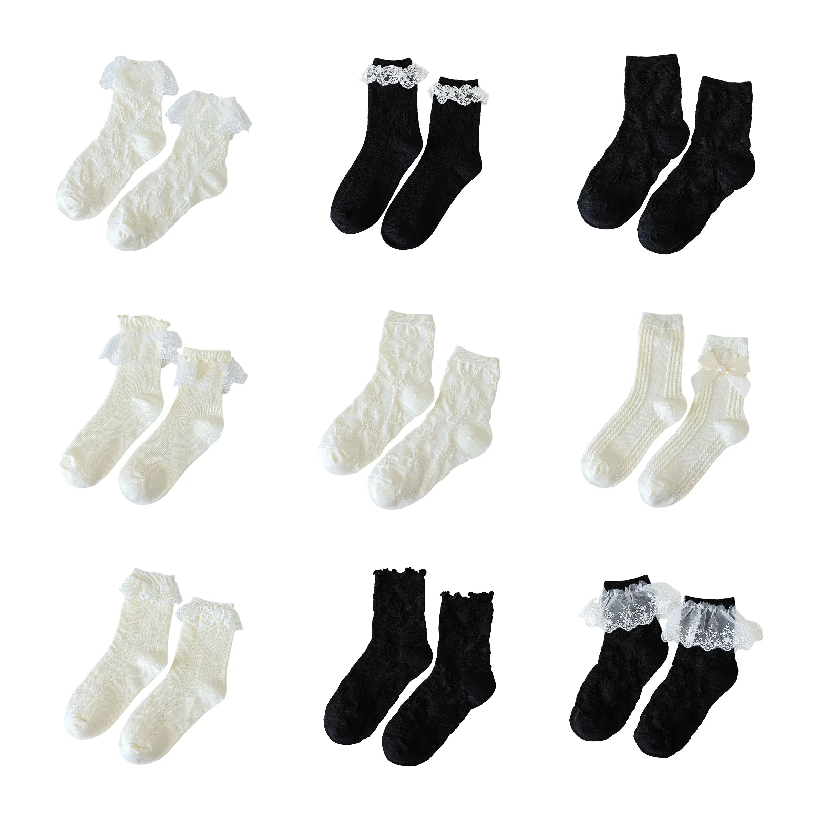 Набор из 9 пар носков в стиле Лолита: бежевый/черный, включая носки с темными цветами в виде морских звезд, кружевом с грибовидным узором, розами, бантиками с жемчугом, ажурным кружевом и т.д.
Набор из 9 пар носков в стиле Лолита: бежевый/черный, включая носки с темными цветами в виде морских звезд, кружевом с грибовидным узором, розами, бантиками с жемчугом, ажурным кружевом и т.д.