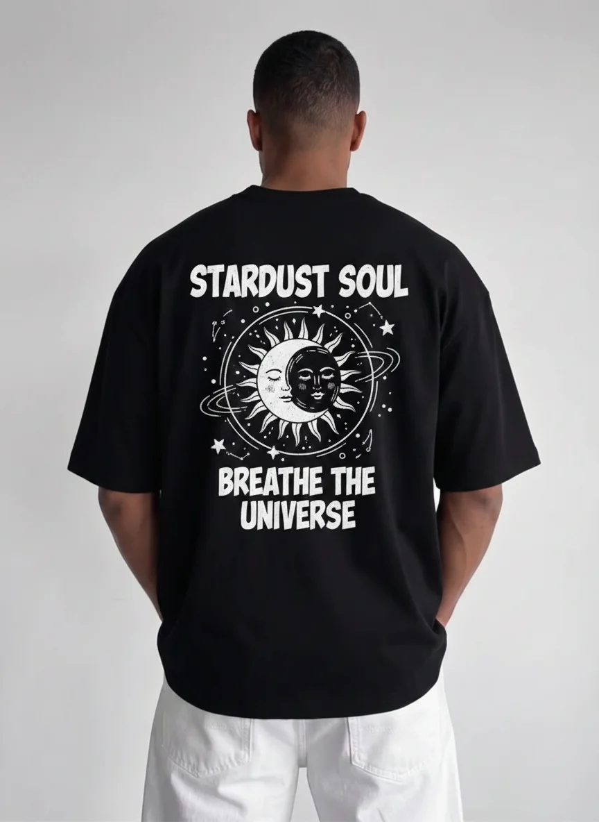 Stardust Soul Celestial Moon Sun Graphic Tee Black Printed Tee with Vintage White Cosmic Art Breathe the Universe Back Print
Stardust Soul Celestial Moon Sun Graphic Tee Black Printed Tee with Vintage White Cosmic Art Breathe the Universe Back Print