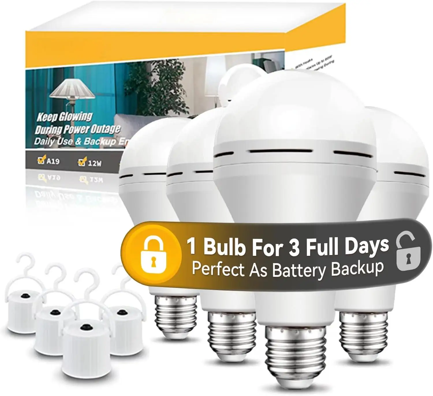 Emergency Rechargeable Light Bulbs A19, Light Up to 72H, Battery Operated Light Bulb, 5000K E26 LED Bulb, Emergency Lights for Home Power Failure
Emergency Rechargeable Light Bulbs A19, Light Up to 72H, Battery Operated Light Bulb, 5000K E26 LED Bulb, Emergency Lights for Home Power Failure
