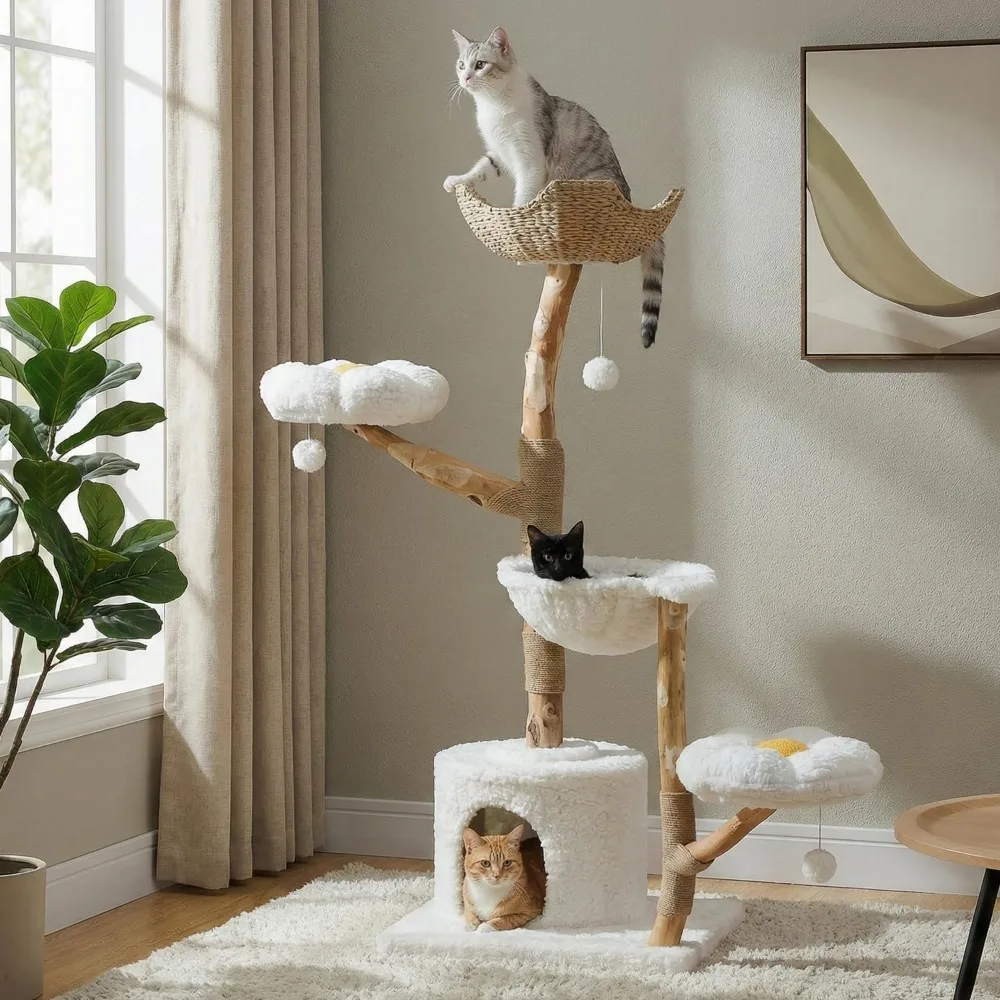 59" Modern Cat Tree Tower for Large Cats,with Real Branch-Luxury Boho Cat Furniture w/Condo & Wicker Basket Bed, Cloud White
59" Modern Cat Tree Tower for Large Cats,with Real Branch-Luxury Boho Cat Furniture w/Condo & Wicker Basket Bed, Cloud White