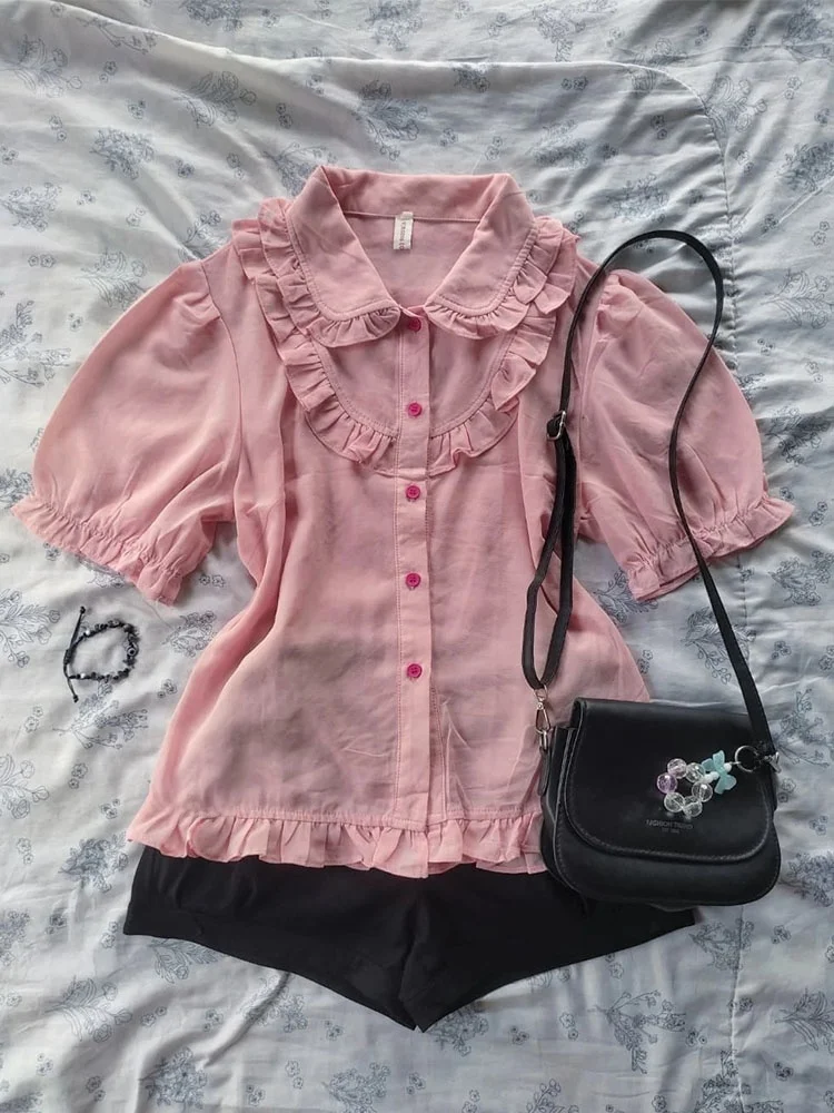 Sweet Sle Floral Lace Trim ort Sve irt Doll Collar Pink Faionable Ele High-End Feeling Small irt Women's Cotton
Sweet Sle Floral Lace Trim ort Sve irt Doll Collar Pink Faionable Ele High-End Feeling Small irt Women's Cotton