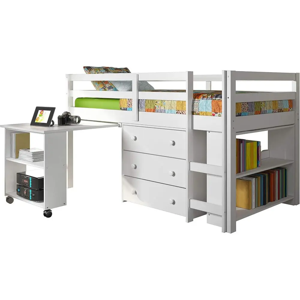White Twin Low Loft Bed for Kids Study Area
White Twin Low Loft Bed for Kids Study Area