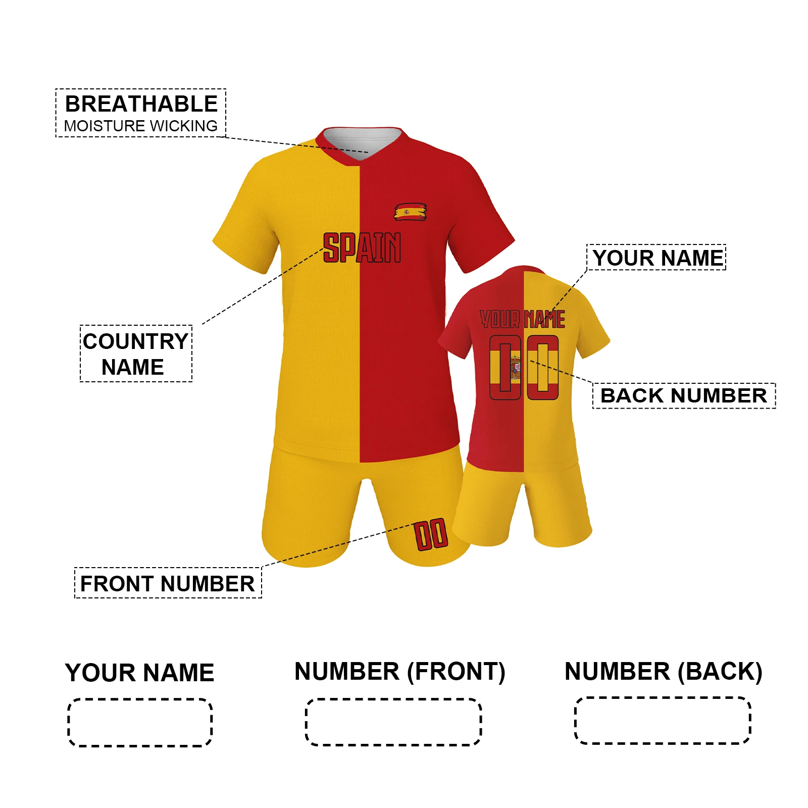 Spain Soccer Uniform for 3-14Y Nation Flag Football Jerseys for Training and Match Custom Youth Soccer Set with Name & Number
Spain Soccer Uniform for 3-14Y Nation Flag Football Jerseys for Training and Match Custom Youth Soccer Set with Name & Number