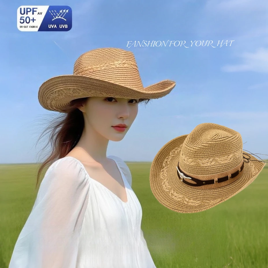 Women's Summer Foldable Straw Cowboy Hat - Breathable UV Protection Sun Hat with Woven Pattern, Bull Head Decor & Windproof Rope
Women's Summer Foldable Straw Cowboy Hat - Breathable UV Protection Sun Hat with Woven Pattern, Bull Head Decor & Windproof Rope