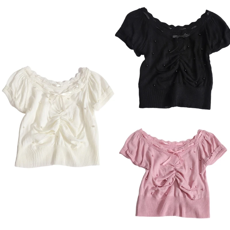 Womens Elegant Ruched Bowknot Front Fitted Crop Top Short Sleeve Solid Color Knitwear Pearls Beading Bodycon T-Shirt
Womens Elegant Ruched Bowknot Front Fitted Crop Top Short Sleeve Solid Color Knitwear Pearls Beading Bodycon T-Shirt