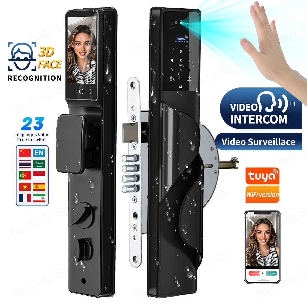 HanDaily Waterproof Smart Door Locks with Camera Palm 3D Face Recognition Video Intercom Tuya App Door Lock with 6590 Mortise
HanDaily Waterproof Smart Door Locks with Camera Palm 3D Face Recognition Video Intercom Tuya App Door Lock with 6590 Mortise