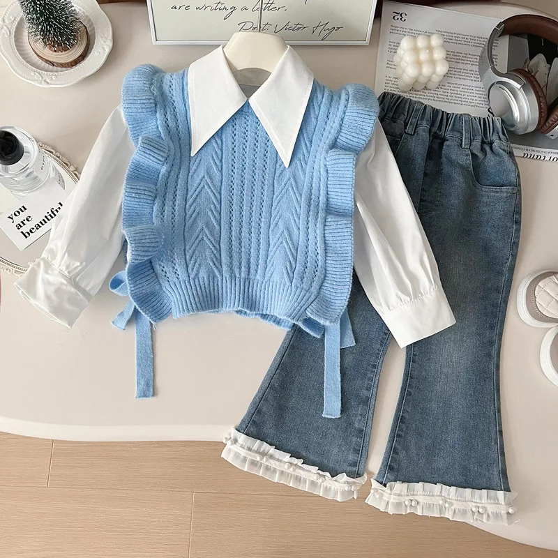 Girls' Autumn Suit Long Sleeve2024New Children's Western Style Knitted Vest Shirt Suit with Lace Jeans
Girls' Autumn Suit Long Sleeve2024New Children's Western Style Knitted Vest Shirt Suit with Lace Jeans
