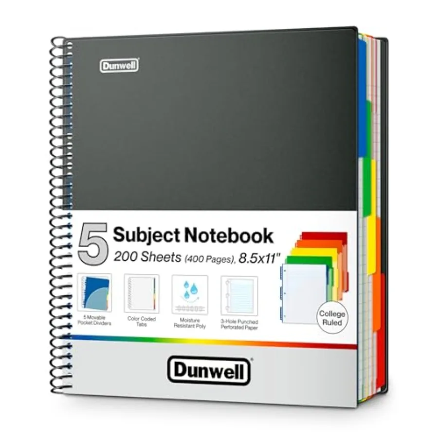5-Subject Notebook, College Ruled, Colorful Movable Pocket Dividers with Tabs, Front/Back Plastic Covers, 200 Sheets 400 Pages
5-Subject Notebook, College Ruled, Colorful Movable Pocket Dividers with Tabs, Front/Back Plastic Covers, 200 Sheets 400 Pages