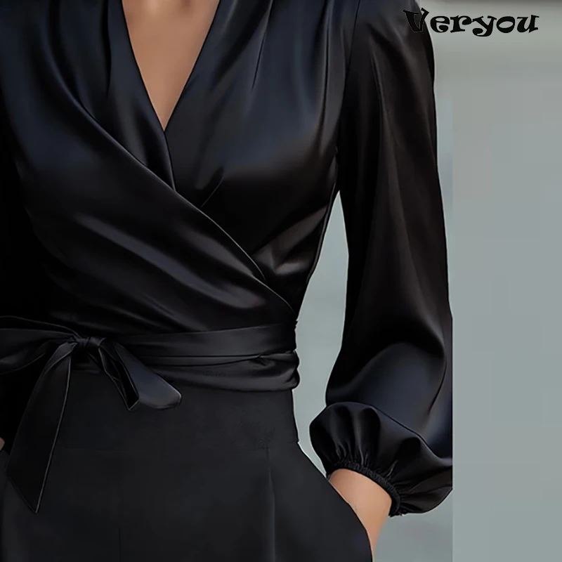 Elegant V Neck Ruched Blouse Shirt Long Sleeve Satin Solid Elegant Office Lady Tops Shirt Women Spring Autumn Lace Up Tops
Elegant V Neck Ruched Blouse Shirt Long Sleeve Satin Solid Elegant Office Lady Tops Shirt Women Spring Autumn Lace Up Tops