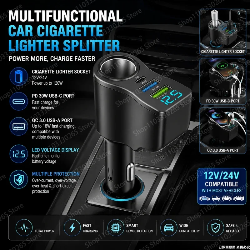 66W Multifunctional Car Cigarette Lighter Splitter, PD 30W & QC 3.0 Fast Charger with LED Voltage Display
66W Multifunctional Car Cigarette Lighter Splitter, PD 30W & QC 3.0 Fast Charger with LED Voltage Display
