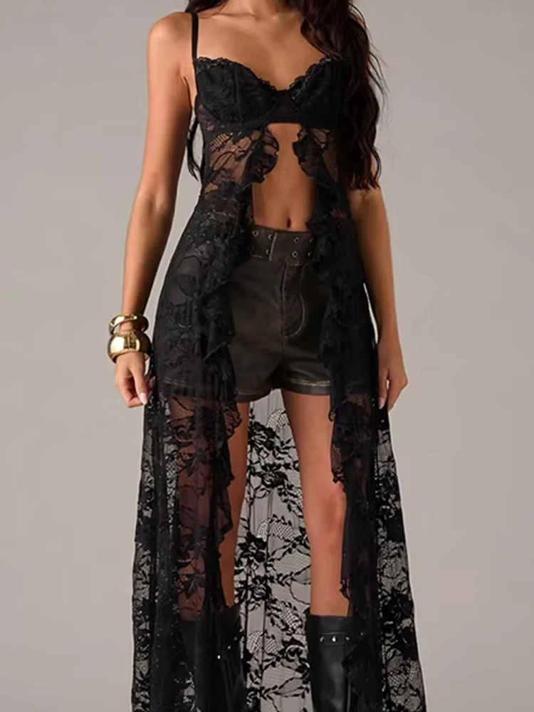 Fashion Backless Sheer Cardigan Elegant Off Shouder Cover-up Suspender Dress Sexy Sleeveless Lace Embroidery Hollow Long Dress
Fashion Backless Sheer Cardigan Elegant Off Shouder Cover-up Suspender Dress Sexy Sleeveless Lace Embroidery Hollow Long Dress