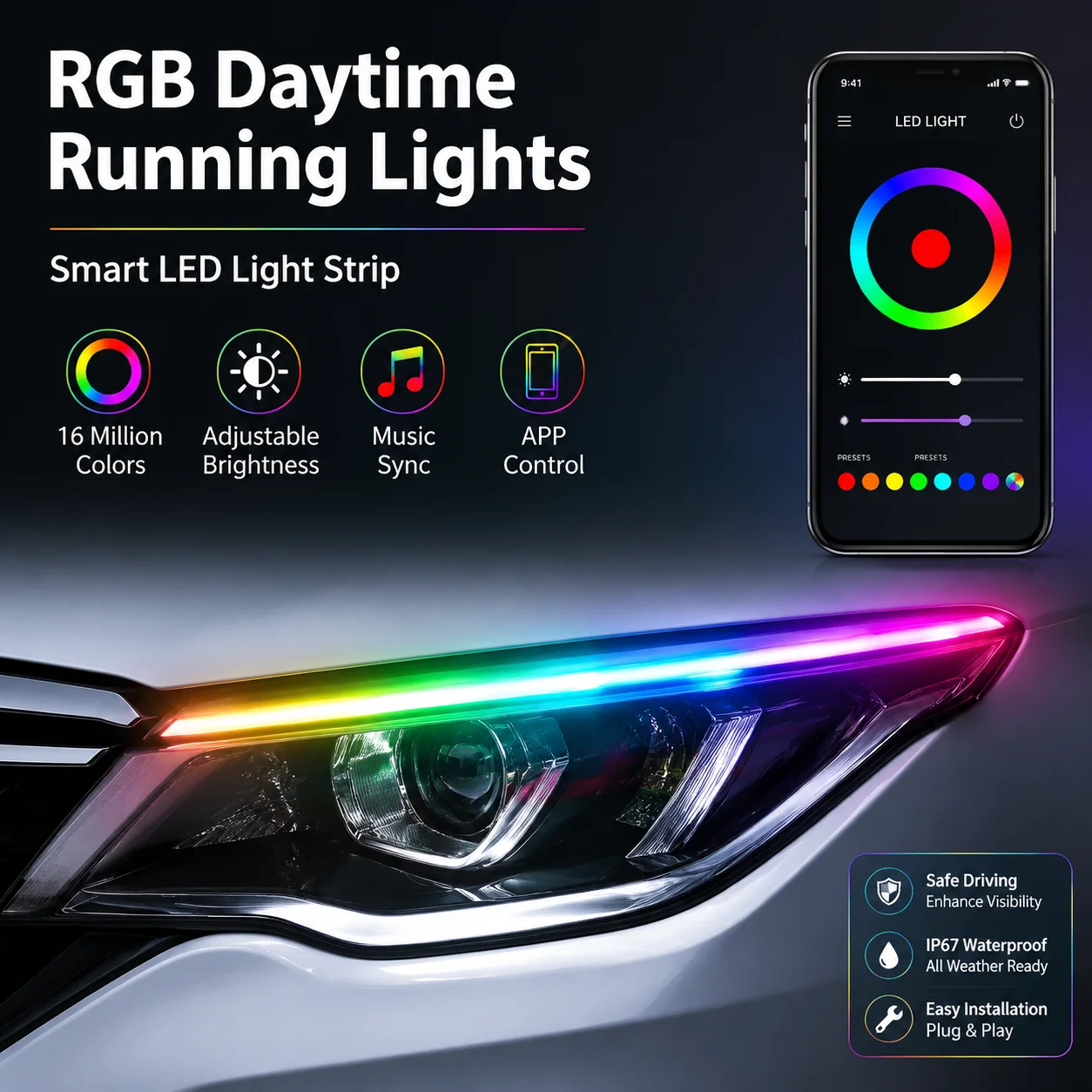 30/45/60cm LED Light Strip App & Bluetooth Controlled RGB Chasing-Color Headlights / LED Daytime Running Lights
30/45/60cm LED Light Strip App & Bluetooth Controlled RGB Chasing-Color Headlights / LED Daytime Running Lights