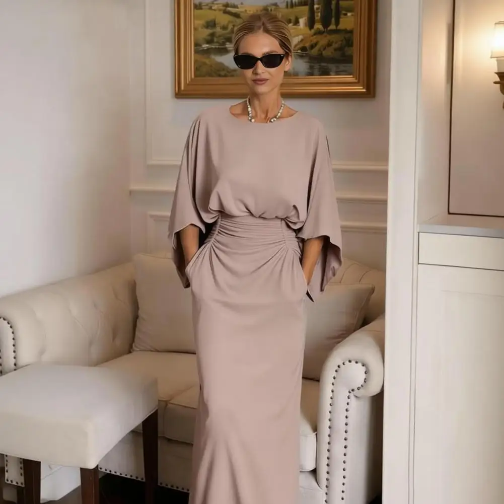 Women Ruched Boat Neck Wedding Guest Dress, Backless Batwing 3/4 Sleeve Bodycon Long Dress, Formal Party Cocktail Prom Gown Retr
Women Ruched Boat Neck Wedding Guest Dress, Backless Batwing 3/4 Sleeve Bodycon Long Dress, Formal Party Cocktail Prom Gown Retr