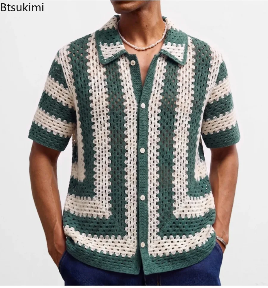 New Men's Retro Crochet Cardigans Contrasting Hollow Out Design Man Knit Polo Shirts Summer Casual Short Sleeve Knitwear Sweater
New Men's Retro Crochet Cardigans Contrasting Hollow Out Design Man Knit Polo Shirts Summer Casual Short Sleeve Knitwear Sweater