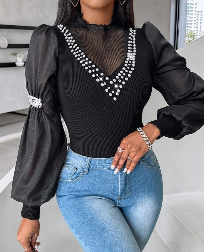 New 2024 Spring Fall Women Blouses Casual Mesh Patchwork Beaded Patch V-Neck Long Sleeve Knitted Black Pullover Ladies Top
New 2024 Spring Fall Women Blouses Casual Mesh Patchwork Beaded Patch V-Neck Long Sleeve Knitted Black Pullover Ladies Top