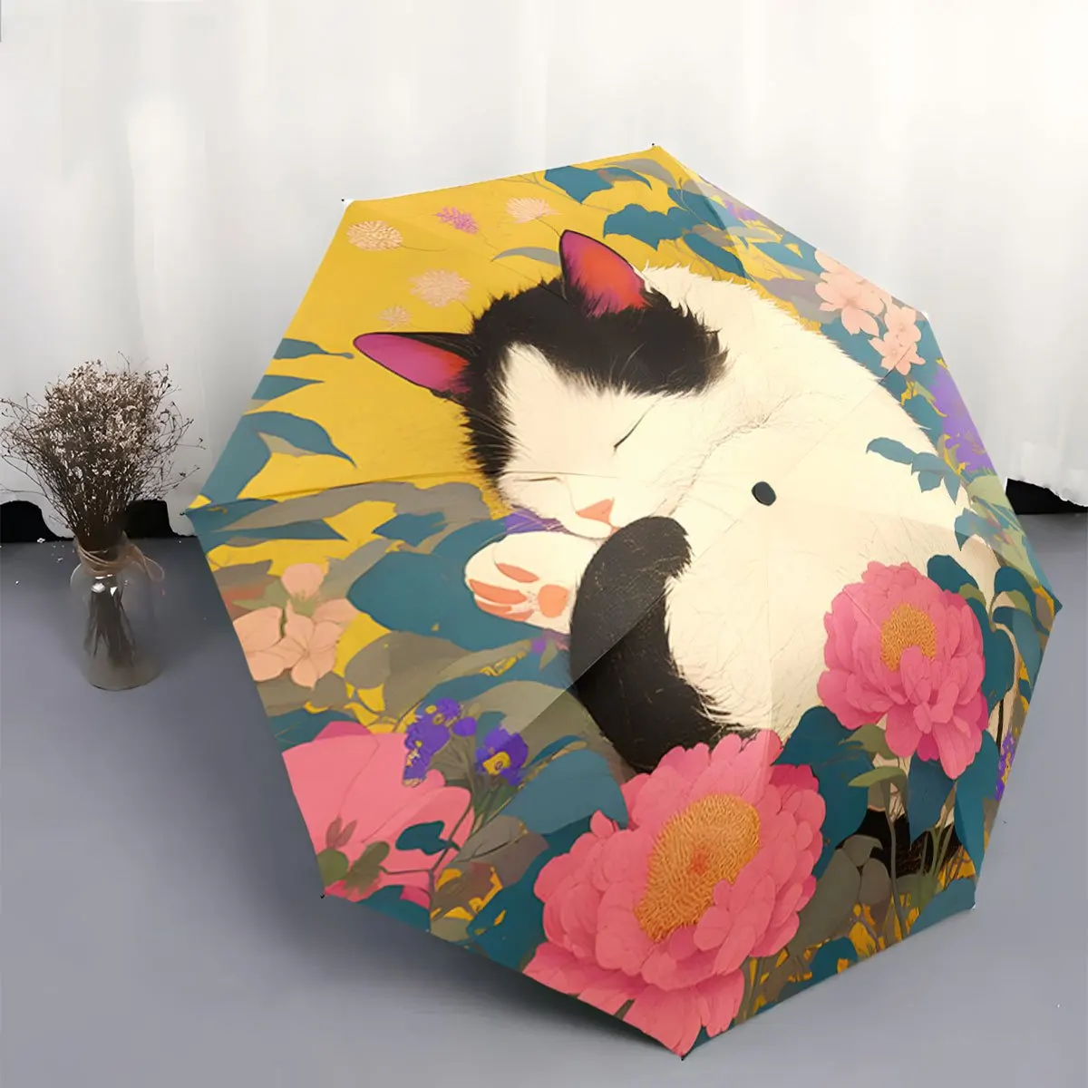 Folding Umbrella The umbrella features a black-and-white sleeping cat surrounded by vibrant pink peonies and green-blue foliag
Folding Umbrella The umbrella features a black-and-white sleeping cat surrounded by vibrant pink peonies and green-blue foliag
