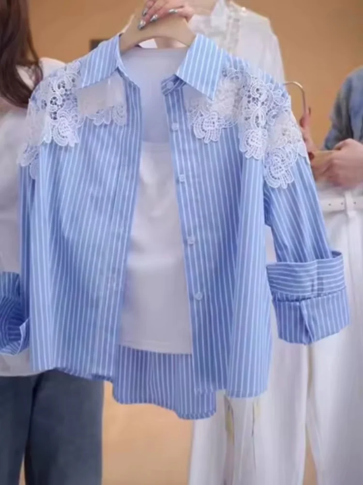 Fashion Lace Hook Splicing Polo Neck Striped Shirt Women New Loose Blue Casual Top Versatile Sun Protection Commuting Blouse
Fashion Lace Hook Splicing Polo Neck Striped Shirt Women New Loose Blue Casual Top Versatile Sun Protection Commuting Blouse