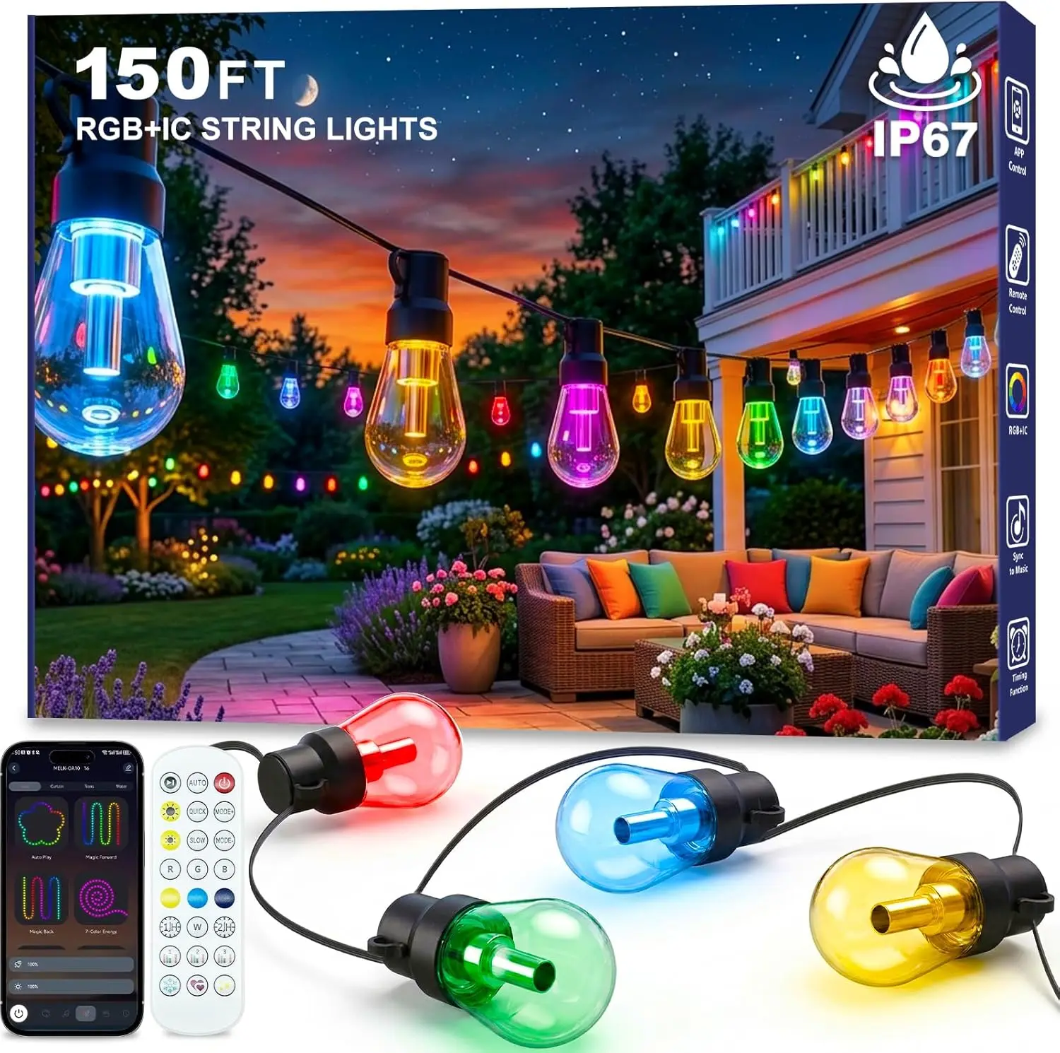 150ft RGB+IC Outdoor String Lights, Dimmable Shatterproof LED, IP67 Waterproof Chasing Patio Lights for Backyard Balcony
150ft RGB+IC Outdoor String Lights, Dimmable Shatterproof LED, IP67 Waterproof Chasing Patio Lights for Backyard Balcony